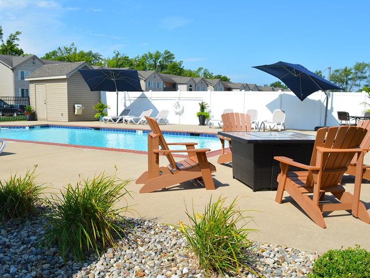 Outdoor pool and fire pit with seating for four